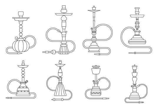 Lineart oriental culture smoke cloud arabian cafe hookah shisha turkish aroma lifestyle outline isolated icons set vector illustration