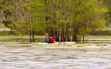 People are enjoying canoing, boating and fishing in swamp