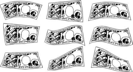 Deformed Back side of Cute hand-painted Japanese 2000 yen note outline set