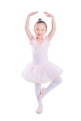 Little asian girl dressed as a ballerina isolated over white background