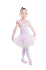 Little asian girl dressed as a ballerina isolated over white background