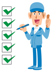 チェックが完了した作業着の男性