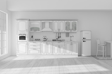 Kitchen interior grid 3D rendering