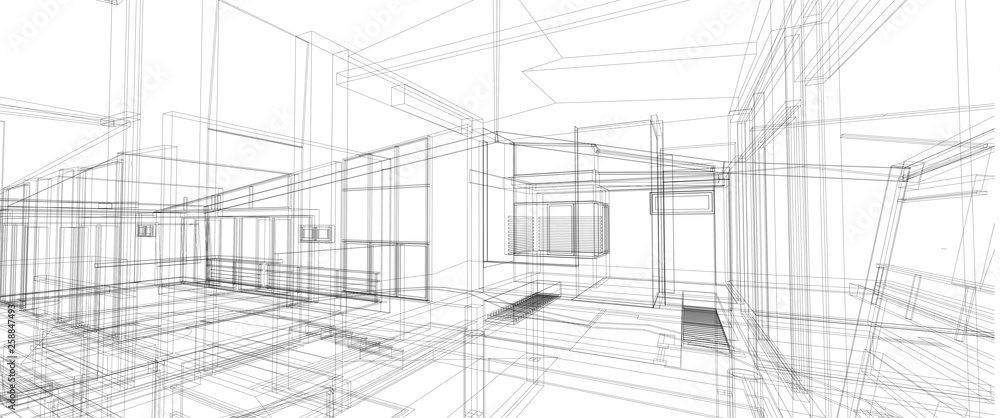 Poster architecture interior space design concept 3d perspective wire frame rendering isolated white backgr