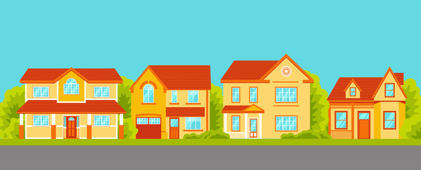 Cottage houses street. Front view.  Vector Illustration in Flat Style