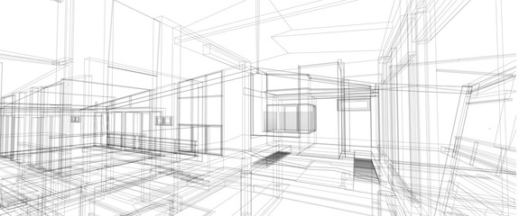 Architecture interior space design concept 3d perspective wire frame rendering isolated white background