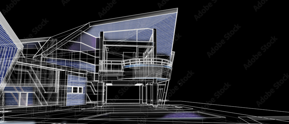 Poster architecture exterior facade design concept 3d perspective wire frame rendering black background. fo