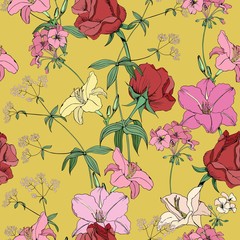 Yellow seamless floral background with red roses.