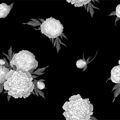 Vector peonies. Seamless pattern of monochrome white flowers. Bouquets of flowers on a black background. Template for floral decoration, fabric design, packaging or clothing.