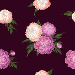 Vector peonies. Seamless pattern of pink-lilac and light pink flowers. Bouquets of flowers on a burgundy background. Template for floral decoration, fabric design, packaging or clothing.