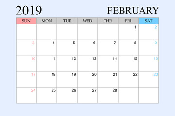 2019 Calendar, February, Schedule Planner, organizer, weeks start from Sunday