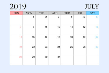 2019 Calendar, July, Schedule Planner, organizer, weeks start from Sunday