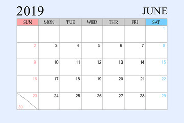2019 Calendar, June, Schedule Planner, organizer, weeks start from Sunday