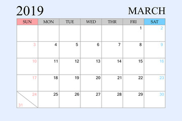 2019 Calendar, March, Schedule Planner, organizer, weeks start from Sunday