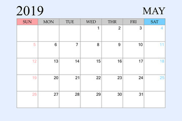 2019 Calendar, May, Schedule Planner, organizer, weeks start from Sunday
