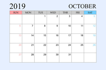 2019 Calendar, October, Schedule Planner, organizer, weeks start from Sunday