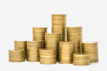 Stack of golden coins isolated on white background
