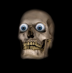 A scary human skull with blue eyes on a black background.