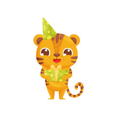 Little tiger with gift on white background.