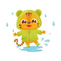 Happy tiger in green raincoat in rain.
