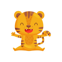 Happy cartoon tiger on white background. Vector illustration.