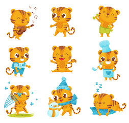 Collection of little tigers on white background.