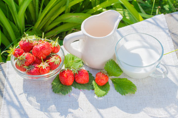 Strawberry berries and leaves, a jug and a cup with milk on a napkin on a wooden table