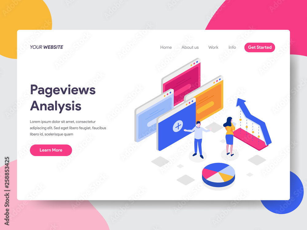 Poster landing page template of pageviews analysis isometric illustration concept. isometric flat design co