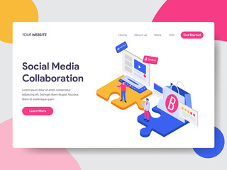 Obraz na płótnie Canvas Landing page template of Social Media Collaboration Isometric Illustration Concept. Isometric flat design concept of web page design for website and mobile website.Vector illustration