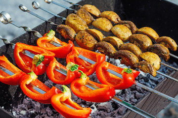 Barbecue skewers with grilled bell peppers and champignon mushroom kebab