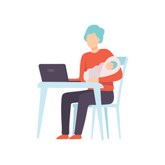 Father Holding Newborn Baby on His Hands and Working on Laptop Computer, Parent Taking Care of His Child Vector Illustration