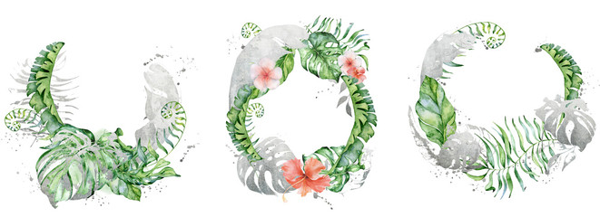 Tropical watercolor flowers and leaves. Exotic wreath isolated on white background. 