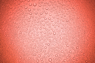 Rain droplets on red glass background, Water drops on glass.
