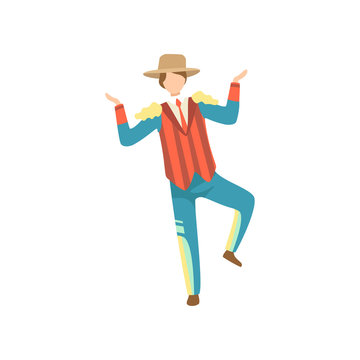 Young Man in Traditional Bright Costume and Cowboy Hat Dancing at Folklore Party, Festa Junina Brazil June Festival Vector Illustration