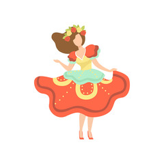 Girl in Colorful Dress and Wreath of Flowers Dancing at Folklore Party, Traditional Brazil June Festival, Festa Junina Vector Illustration