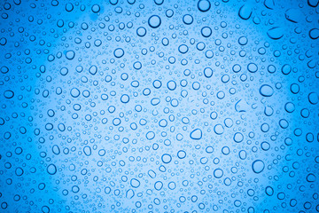 Rain droplets on blue glass background, Water drops on glass.