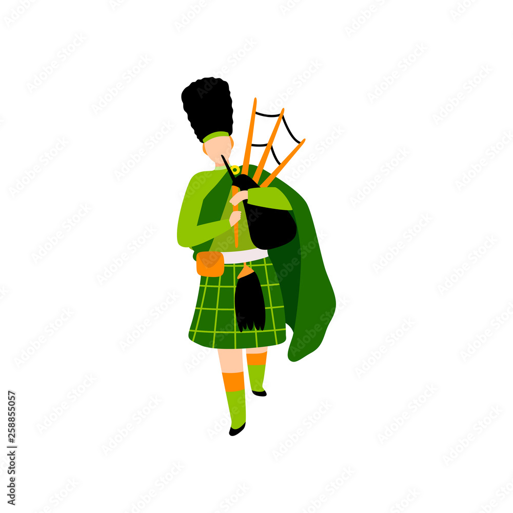 Sticker male bagpiper in green irish costume playing bagpipe, man celebrating saint patrick day vector illus