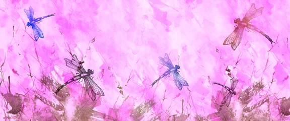 Wandcirkels aluminium Watercolor illustration. Dragonfly flies on the background of greenery, grass. Abstract pink paint splash. Stylish drawing. Dragonfly Graphic Realistic Line Ink Drawing. Hand-drawn banner © helgafo