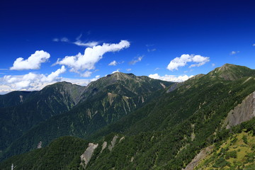Fototapeta na wymiar 南アルプス光岳への道　縦走路から見る南アルプス南部の山々　上河内岳稜線と　聖岳　