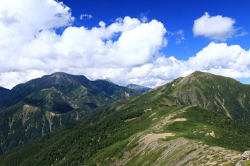 南アルプス光岳への道　縦走路から見る南アルプス南部の山々　上河内岳稜線と　聖岳　赤石岳　悪沢岳遠景