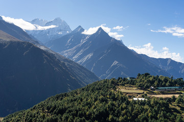 Fototapeta na wymiar Kusum Kanguru mountain peak view from Namche Bazaar village, Himalayas mountain, Nepal