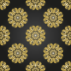 Floral black and golden ornament. Seamless abstract classic background with flowers. Pattern with repeating floral elements