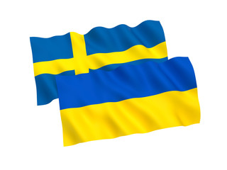 National fabric flags of Ukraine and Sweden isolated on white background. 3d rendering illustration. 1 to 2 proportion.