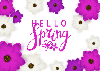 Pink and purple flowers frame with spring message