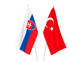 National fabric flags of Slovakia and Turkey isolated on white background. 3d rendering illustration.