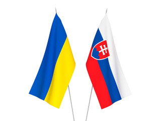 National fabric flags of Ukraine and Slovakia isolated on white background. 3d rendering illustration.