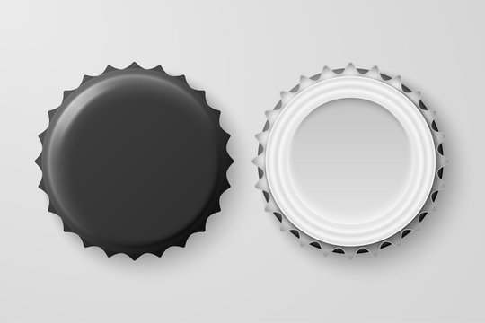 Vector 3d Realistic Black Blank Beer Bottle Cap Set Closeup Isolated on White Background. Design Template for Mock up, Package, Advertising. Top and Bottom View