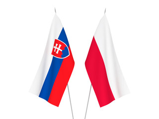 National fabric flags of Slovakia and Poland isolated on white background. 3d rendering illustration.