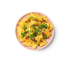 Plate with tasty nachos, meat and cheese on white background