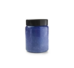 Jar of sugar scrub on white background